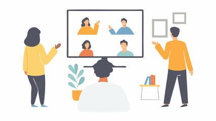 People attending a video conference call on a large screen with others in the background at home