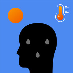 Heat advisory. High temperature with thermometer and sun. Heat warning Human silhouette with sweat. Flat vector illustration.
