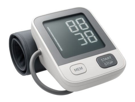 Digital sphygmomanometer with cuff and display showing readings, featuring buttons for operation on transparent background.
