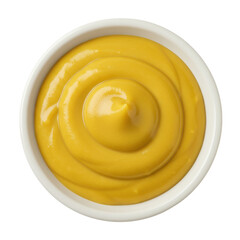A close-up view of smooth yellow mustard in a white bowl, perfect for culinary use and food styling