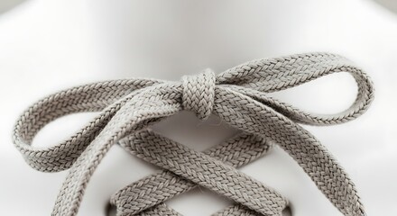Obraz premium A close-up view of a grey shoelace tied in a neat bow on a white shoe.