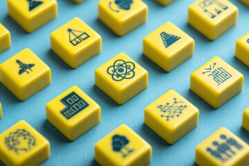 Yellow blocks with icons on a blue background, showcasing diverse technology and industry concepts