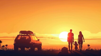 Family with child traveling by car. Dad, mother and child walking against the sunset background on the beach - Powered by Adobe