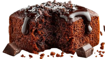 Decadent chocolate cake with fudge drizzle and chocolate chips, dessert on transparent background