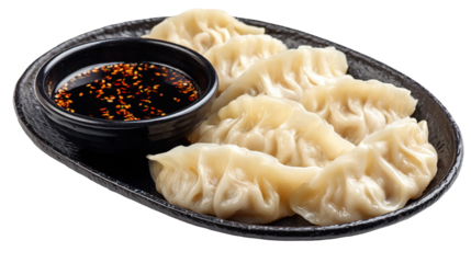 Traditional dumpling momos food from Nepal served with tomato chutney in plate isolated.