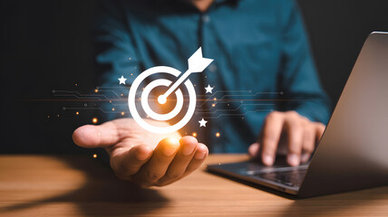 Achieve your business goals with this dynamic target and arrow graphic, symbolizing success and strategic planning in a modern digital environment.