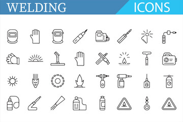Welding equipment icons featuring protective gear, torch, and tools.