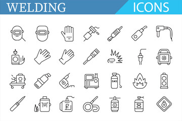 Fototapeta premium Set of welding icons, including safety gear and tools for welding process, line style illustrations.