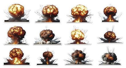 A dynamic set of twelve fiery explosions, featuring powerful bomb blasts, fireballs, and smoke clouds, illustrations isolated on a transparent background.
