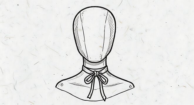 A black and white line drawing of a faceless mannequin bust wearing a stylish collar with a bow.
