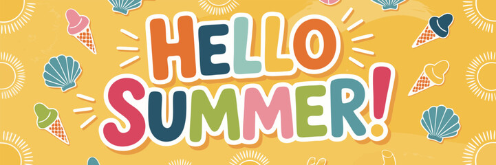 Colorful Hello Summer Background with Seashells, Ice Cream, and Suns Illustration Design