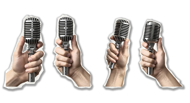 A collection of cutout style hands holding vintage silver microphones for broadcasting, singing, or podcasting concepts. illustrations isolated on a transparent background.