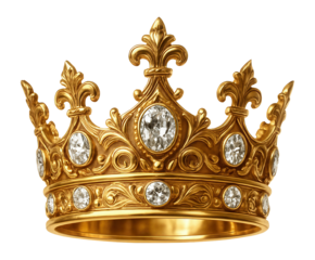 Ornate golden crown adorned with large sparkling gemstones and decorative fleur-de-lis detailing on transparent background.