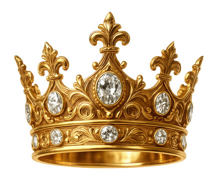 Ornate golden crown adorned with large sparkling gemstones and decorative fleur-de-lis detailing on transparent background.