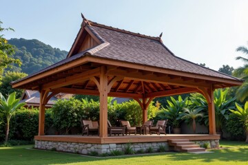 Fototapeta premium pavilion frame built from shorea hardwood used across tropical asia high durability in wet and hot environments natural grain pattern suits open air construction