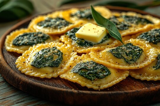 Homemade spinach and ricotta ravioli with a savory sauce topping