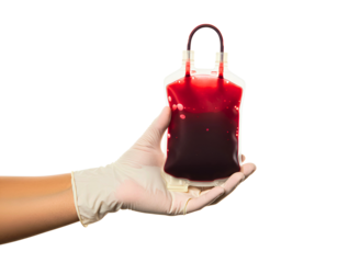Hand in medical glove holding blood bag isolated on transparent background