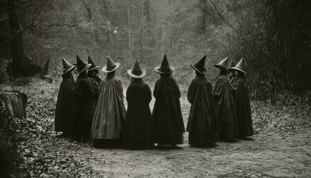 A coven of witches gathered in a shadowy forest clearing at night, performing an eerie occult ritual under moonlight; styled as a vintage 1800s daguerreotype with sepia tones and gothic atmosphere