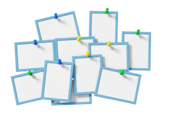 Nine empty white rectangular frames with crisp light blue borders, held by colorful blue, yellow, and green pushpins, dynamically arranged with slight overlaps against a bright white background with