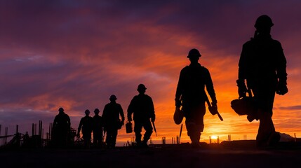 Fototapeta premium Silhouetted Construction Workers Walking Against a Vibrant Orange and Purple Sunset Sky Carrying Tools