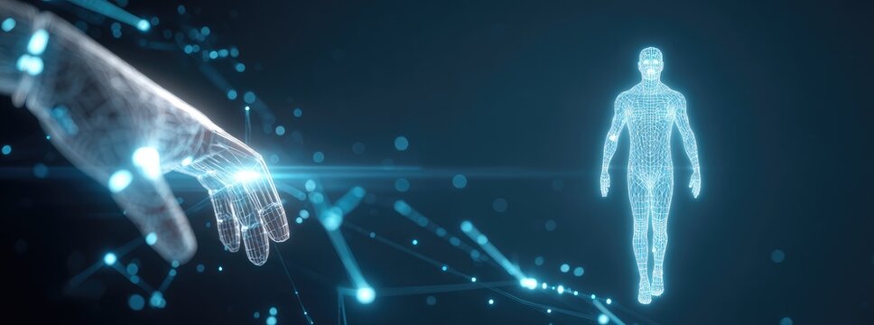 Digital hand reaching out to digital human form