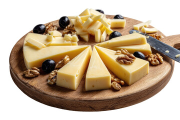 A wooden board displays assorted cheeses, sliced and arranged in wedges, with walnuts and olives scattered around.  A cheese knife rests on the board
