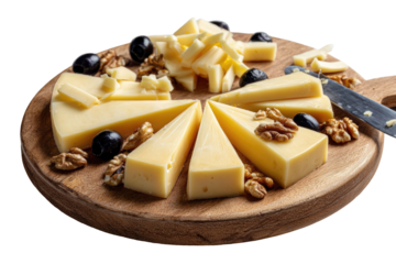 A wooden board displays assorted cheeses, sliced and arranged in wedges, with walnuts and olives scattered around.  A cheese knife rests on the board