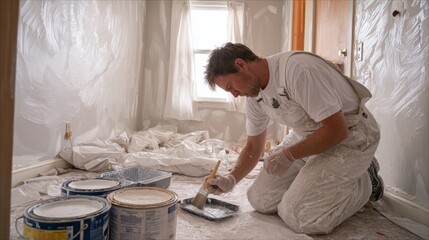 Man in white overalls painting baseboard in a bright room with protective plastic sheeting and paint supplies around