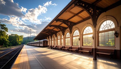 Fototapeta premium Train Arriving at a Vintage Station Platform in Late Afternoon