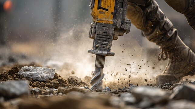 Close-up of jackhammer breaking rocky soil with dust and debris flying during construction work