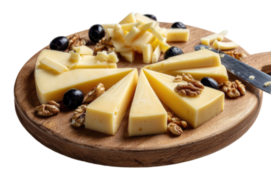 A wooden board displays assorted cheeses, sliced and arranged in wedges, with walnuts and olives scattered around.  A cheese knife rests on the board
