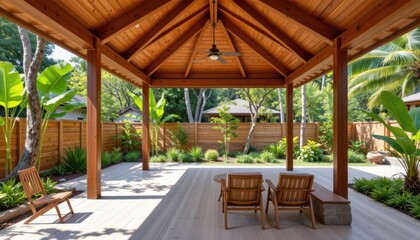 Fototapeta premium pavilion using resin treated wood material enhancing rot resistance and reducing water absorption suitable for continuous use in tropical climates