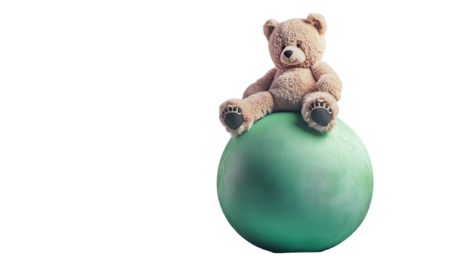 A teddy bear sitting on a green ball against a black background on transparent background