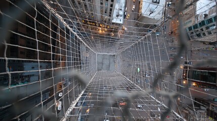 Perspective from a high-rise safety net overlooking city streets and traffic below creating a vertigo effect