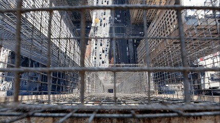Urban vertical shaft framed by metal scaffolding overlooking busy city street below