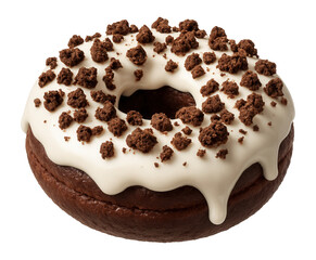 Fototapeta premium Chocolate donut topped with white frosting and chocolate cookie crumbs on transparent background.