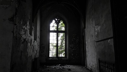 Fototapeta premium Gothic Architecture Interior Dark Room With Dim Lighting And A Window Featuring Greenery View