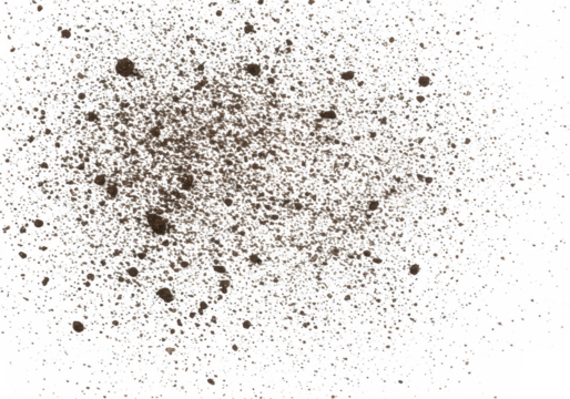 A scattered collection of dirt and soil particles on a clean transparent background, creating an abstract texture
