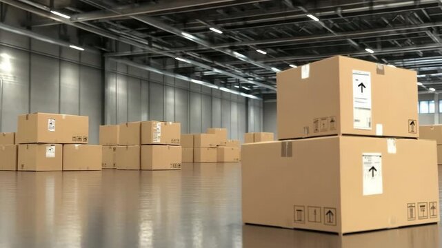 Stock of cardboard boxes arranged in a warehouse