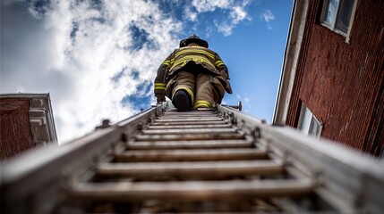 Firefighter in full gear ascending a ladder between buildings against a partly cloudy sky viewed from below