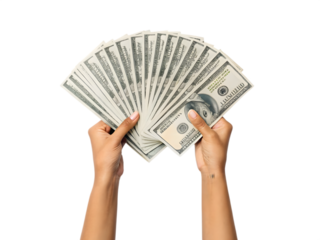 Womans hands holding a fan of us dollar bills isolated on transparent background