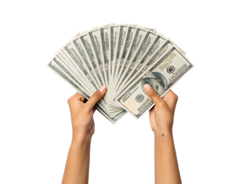 Womans hands holding a fan of us dollar bills isolated on transparent background