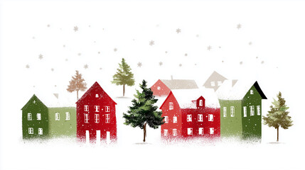 A charming Christmas scene featuring quaint colorful houses and trees with gentle snowfall