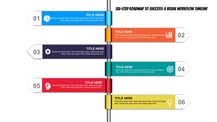 Editable 6-step infographic timeline with colorful arrows and icons – professional PowerPoint slide template for process visualization, workflow, milestones, business planning, and presentations