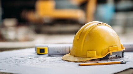 Yellow construction helmet with blueprints pencil and measuring tape on work surface in blurred industrial setting