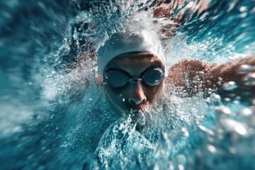 Swimmer in powerful breaststroke.  Close-up underwater view of a person swimming breaststroke, white swim cap and goggles.  Water splashes surround the face.  High energy, dynamic