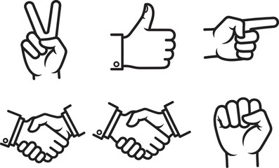 Obraz premium Collection of six hand gesture icons including peace sign thumbs up pointing finger handshake and fist isolated on transparent background