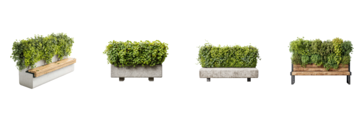 Urban Greenery Planter Benches Set. Sustainable Outdoor Seating Solutions Collection Isolated On Transparent Background