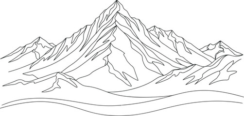 Detailed hand drawn sketch of a majestic mountain range with intricate lines and shading isolated on transparent background