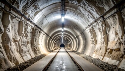 Obraz premium Tunnel with Rail Tracks and Lights Receding Into Distance